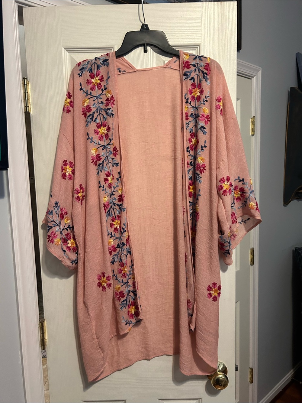 Blush Pink Floral Embroidered Kimono Jacket